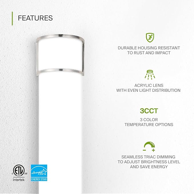 ASD LED 48" Vanity Flush Mount Light Fixture, Linear Bathroom Lighting Bar | 3CCT, Dimmable, Energy Star, ETL Listed | 35W 3200LM 3000-5000K 120V | Long Tube Bath Wall Sconce Over Mirror | Nickel