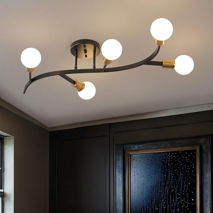 Black and Gold Modern Sputnik Ceiling Light Fixture 5-Lights,Mid Centur Minimalist Semi Flush Mount sputnik Chandelier for Living Room,Dining Room,Bedroom,Hallway,Kitchen(Bulbs Not Included)