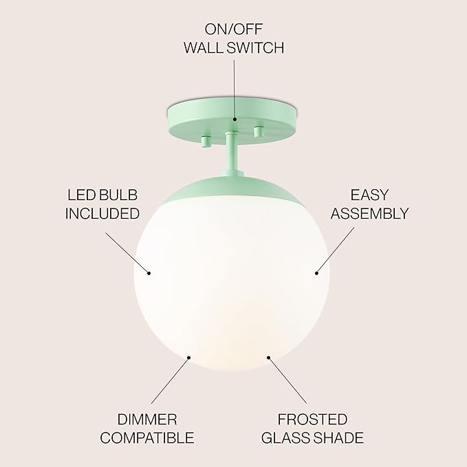 JONATHAN Y 7.75" Mint Green/White Modern Semi Flush Mount Ceiling Light, LED Fixture for Entryway, White Frosted Glass Globe Shade, Mid-Century Farmhouse Lighting for Bedroom Hallway (JYL7499E)