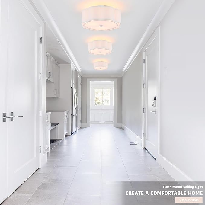 Semi Flush Mount Ceiling Light, White Linen Fabric Shade Ceiling Light, Modern Farmhouse Close to Ceiling Light for Bedroom, Hallway, Living Room, Dining Room, Laundry Room