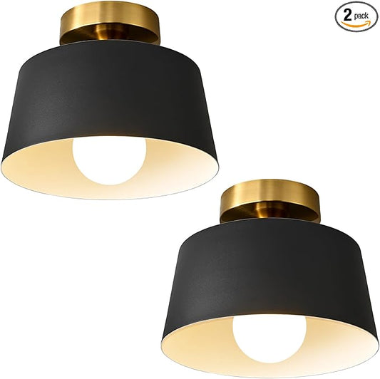 Modern Semi Flush Mount Ceiling Light 2 Pack,Metal Ceiling Light Fixture,E26 Ceramic Lamp Head,Black and Gold Ceiling Lamp for Hallway Kitchen Entryway Bedroom Laundry Room (10Inch)