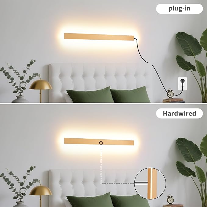 KELUOLY Modern Plug in Wall Sconces, 23.6 inch Frosted Gold LED Long Wall Lights, 12W Warm White 3000K Acrylic Indoor Wall lamp,with 59" Plug Cable for Bedroom, Living Room, Bathroom Makeup, Hallway