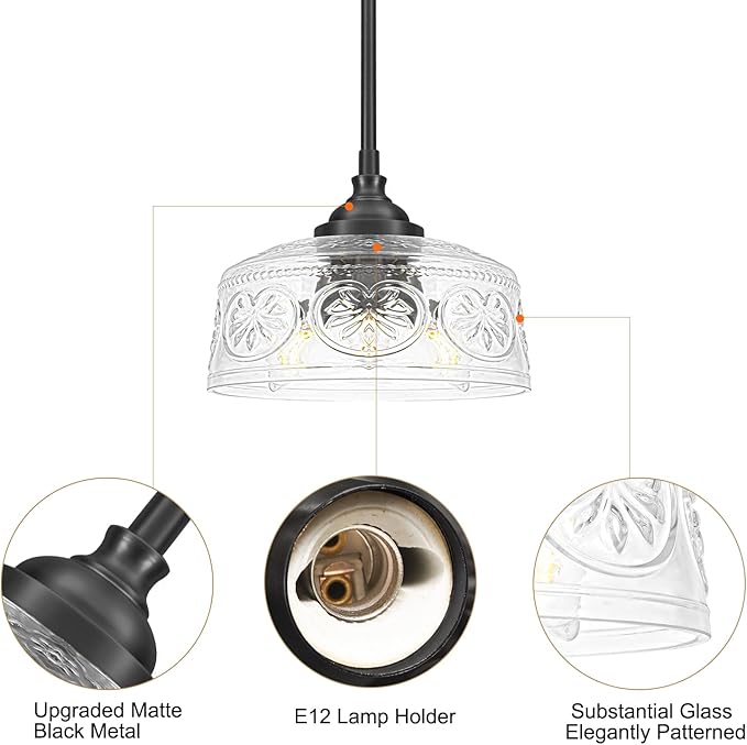 3-Light Adjustable Pendant Lights Kitchen Island, Black Metal & Clear Glass Ceiling Pendant Light, Vintage Drop Lights for Bathroom, Hallway, Convertible Ceiling Mount Or Hanging Fixture, 90°Swivel