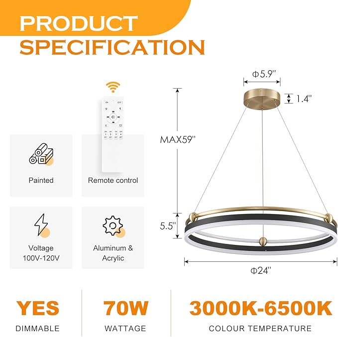 Benkut Modern LED Pendant Light 23.6" Black Gold Dimmable Circular LED Chandelier 1 Ring with Remote, Round Hanging Light for Kitchen Island Dining Room Living Room Foyer Entryway, 2-Ring Lighting