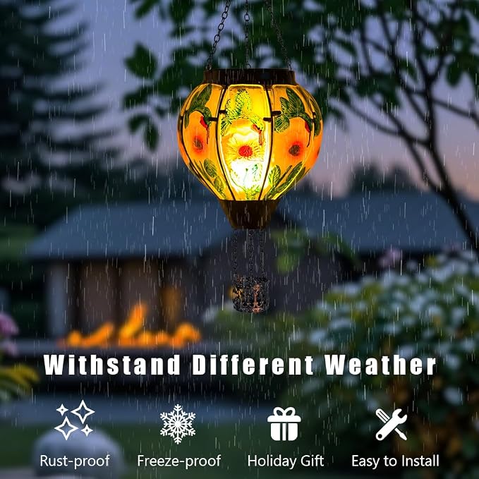 STARSOUL Hummingbird Solar Hot Air Balloon Lantern with Flickering Flame, Hanging Solar Lantern Outdoor Waterproof, Hot Air Balloon Solar Light Decorations for Garden Yard Lawn Porch Porch Backyard