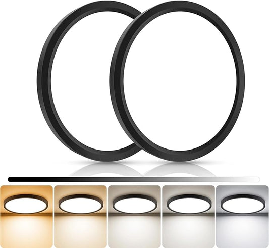 libtit 2Pack 7inch LED Flush Mount Ceiling Light, Dimmable & 5Color Temperatures (3000K-6500K), 15W Round Slim Black Light Fixture for Closet Hallway Kitchen Bathroom Laundry