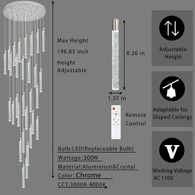 30-Light Chorme High Ceiling Chandeliers Modern Crystal Chandeliers for Entryway Long Spiral LED Dimmable Chandelier Flush Mount Ceiling Staircase Foyer Living Room Ceilings Light Fixture