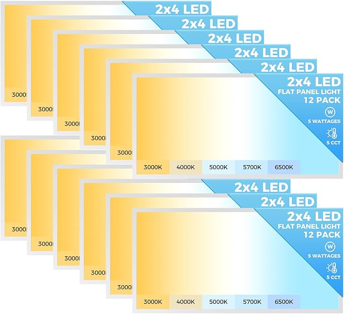 AIKVSXER 12 Pack 2x4 LED Flat Panel Light, Dimmable Recessed Drop Ceiling Light Fixture for Office Kitchen,9100LM,Switchable 5CCT 3000K/4000K/5000K/5700K/6500K, 5 Wattages 30W/40W/50W/60W/70W
