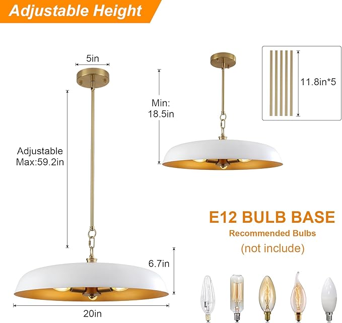 20 Inch Modern Large Pendant Lights, 3-Lights White and Gold Metal Dome Chandelier, Mid Century Pendant Lighting Fixture Ceiling Hanging Light for Kitchen Island, Dining Room Over Table, Bar