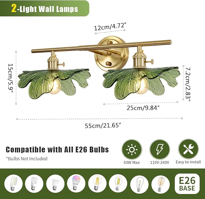 Green Bathroom Vanity Lights Over Mirror, 2 Light Vintage Wall sconces with Glass Shade Bathroom Sconce mid Century Wall Sconce Light Gold Wall Lighting Fixture for Bedside Bedroom Doorway