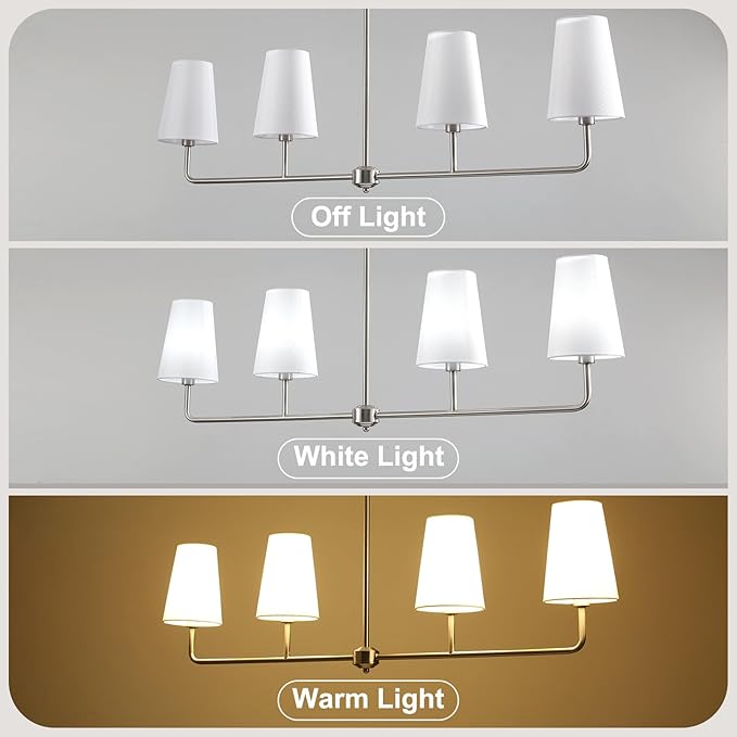 Brushed Nickel Chandelier for Kitchen Island 4-Light Linear Chandeliers for Dining Room Modern Farmhouse Classic Light Fixture with White Linen Shades Over Dining Table