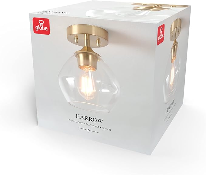 Globe Electric Harrow 1-Light Semi-Flush Mount Ceiling Lighting, Matte Brass, Clear Glass Shade