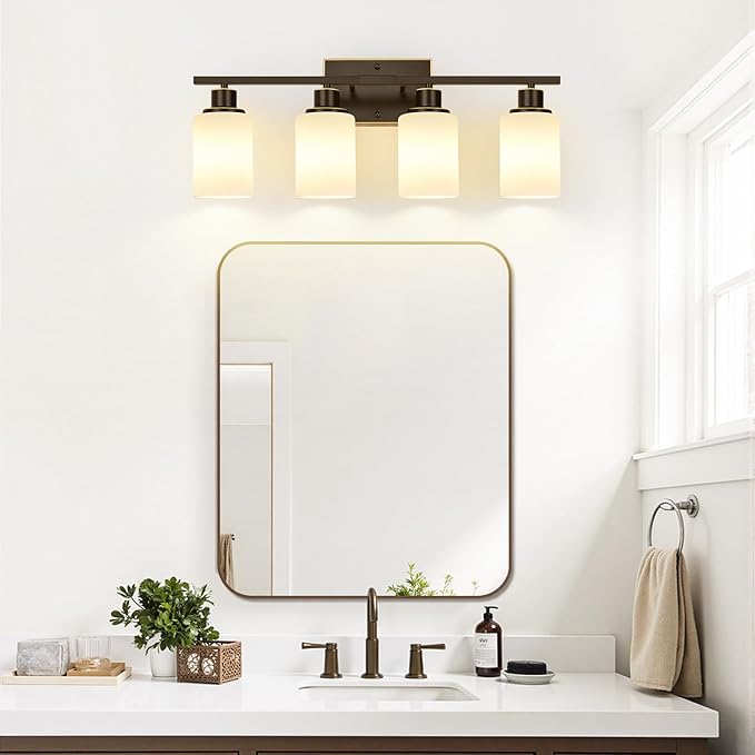 Indoi 4-Light Bathroom Light Fixtures, Brown and Gold Vanity Lights with Milk Glass Shades, Modern Bathroom Wall Lamp for Mirror Living Room Bedroom Porch