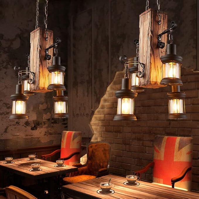 4 Lights Wooden Hanging Pendant Light, Industrial Vintage Wood Ceiling Light Hanging, Retro Rustic Country Chandelier Dinning Table Lamp Suspension Lighting Fixture for Coffee Shop Restaurant