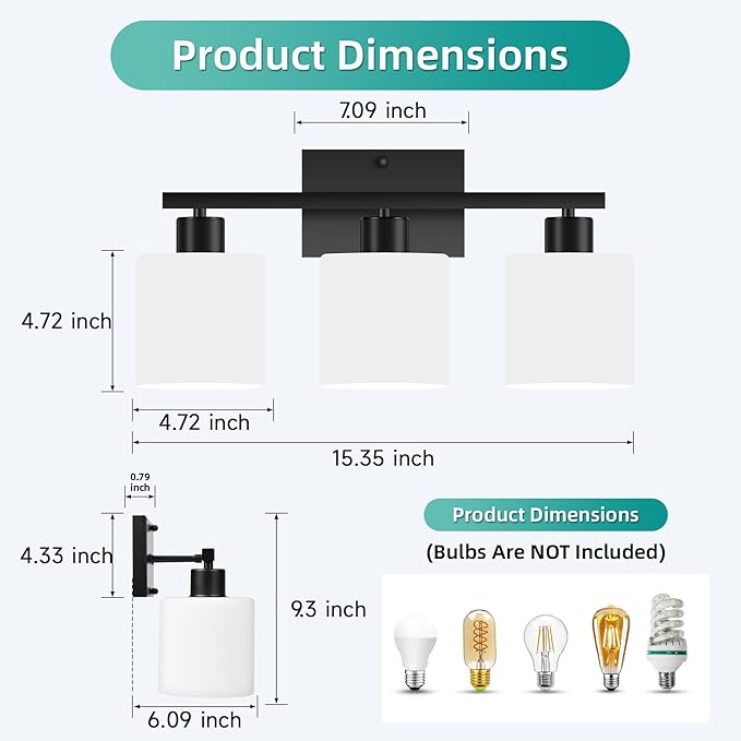 CANMEIJIA 3-Light Bathroom Vanity Light Fixtures, Matte Black Vanity Wall Scones Lighting for Bedroom Living Room, Modern Vanity Lights with Milky White Glass Shades, E26 Socket, Bulbs Not Included