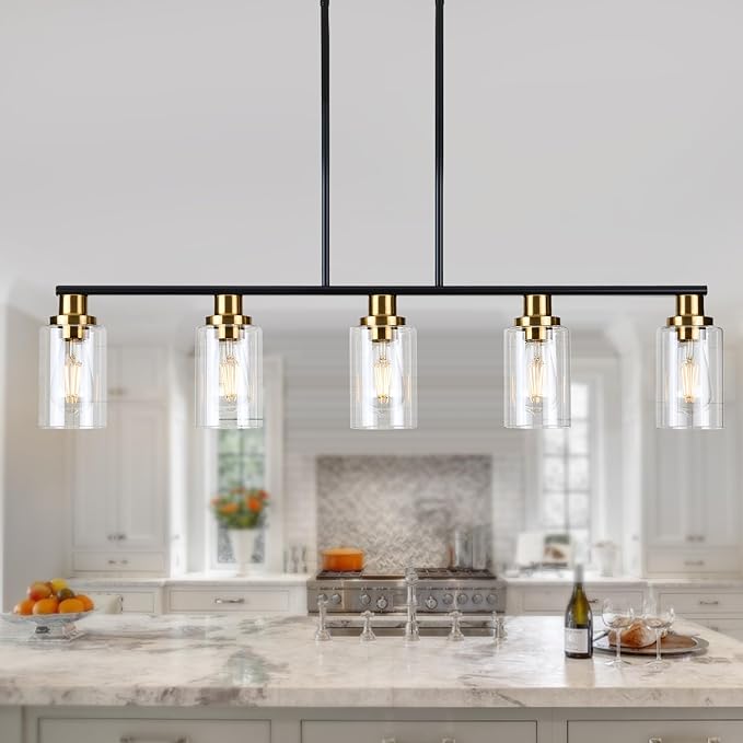 Dining Room Light Fixture,5-Light Farmhouse Linear Chandeliers for Dining Room Over Table，Matte Black and Gold Finish Kitchen Island Pendant Lighting for Kitchen Island，Pool Table Light