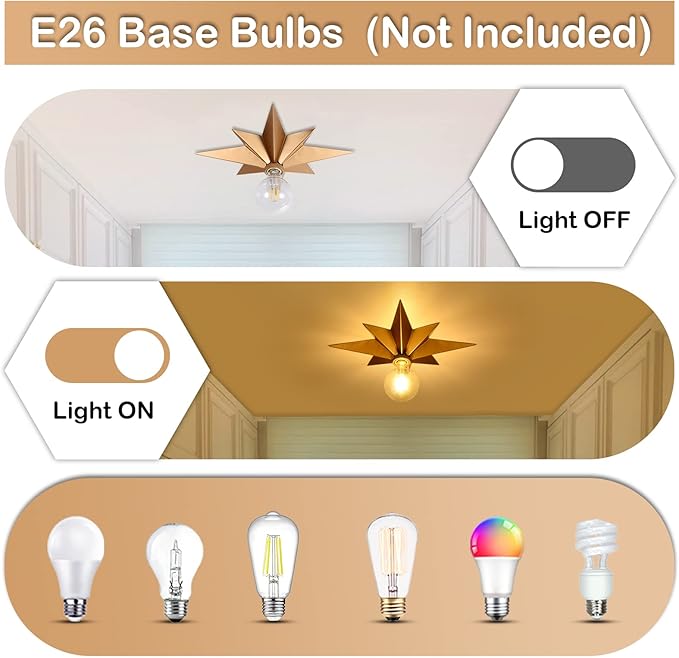 16 inch Flush Mount Ceiling Light, Gold Star Light Fixture, Farmhouse Star Ceiling Light, Vintage Flush Lighting Ceiling for Hallway, Entryway, Study, Bedroom, Stair, Foyer, Kitchen, Bathroom - Metal