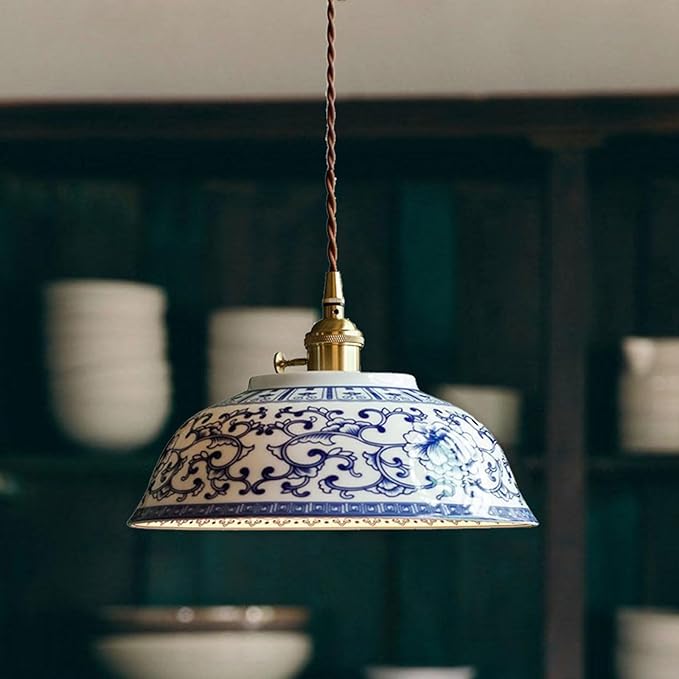 Ceramic Pendant Light, Chinese Blue and White Porcelain Pendant Light fixtures, Bedside Light, Hanging lamp for Kitchen Island Light Fixture, Home Bedroom Dining Room Ceiling Hanging Light 8.7in