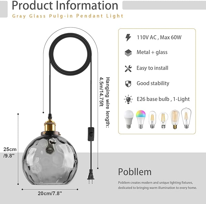 Smoke Glass Pendant Lighting with Plug in Cord, Mid Century Modern Hanging Ceiling Light Fixture Plug in Hammered Globe Hanging Pendant Lamp for Kitchen Island Dining Room Living Room (2 Pack)