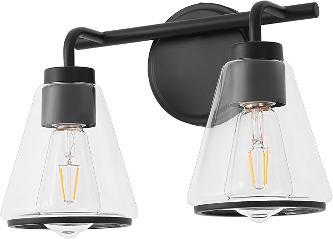 Black Bathroom Vanity Light 2 Lights Bathroom Light Fixtures Over Mirror Vanity Lighting Fixtures with Clear Glass Shade 14 inch Modern Vanity Lights for Bathroom Wall Sconce Lights for Bedroom