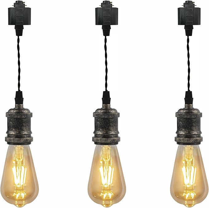 Kiven H-Type Track Lighting Pendants,Industrial h Track Pendant Lights with 11.8 Inch Cord Length Black Weave Rope,3 Pack Track Lighting Fixture,Rusty Gold Finish