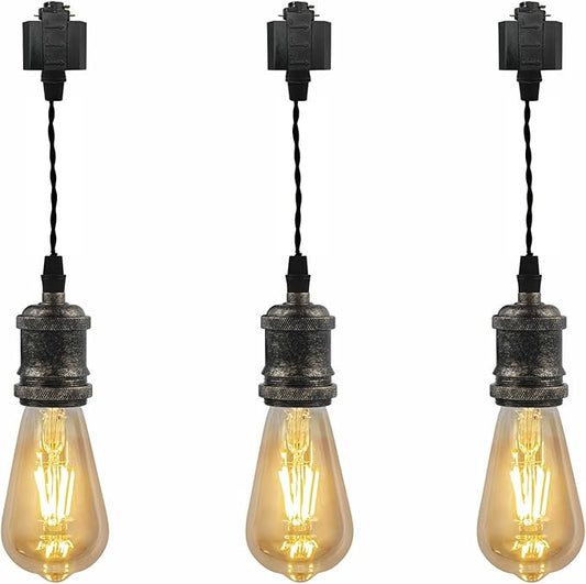 Kiven H-Type Track Lighting Pendants,Industrial h Track Pendant Lights with 11.8 Inch Cord Length Black Weave Rope,3 Pack Track Lighting Fixture,Rusty Gold Finish