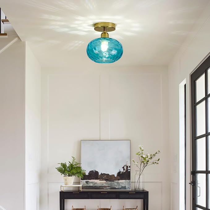 Blue Glass Semi Flush Mount Ceiling Light - 2 Pack,7.9 Inch Hammered Glass Small Hallway Light fixtures, Vintage Gold Art Deco Flush Mount Ceiling Light for entryway Foyer Laundry Room Kitchen