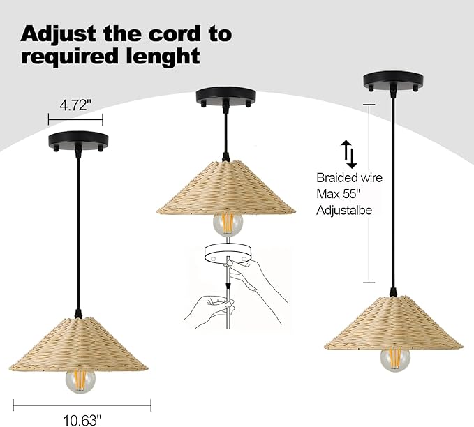 TERLEENART Hard Wired Rattan Pendant Lights Set of 2,Farmhouse Coastal Woven Wicker Ceiling Light with 10.65” Cone Shade, Boho Wired Mounted Hanging Chandelier for Bedroom Dining Room Kitchen Island
