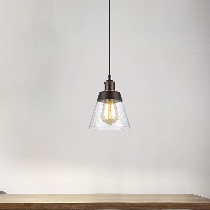 Rustic Glass Pendant Light with Handblown Clear Seeded Glass Shade, One-Light Adjustable Industrial Cone Mini Pendant Lighting Fixture for Kitchen Island Cafe Bar Farmhouse, Oil Rubbed Bronze