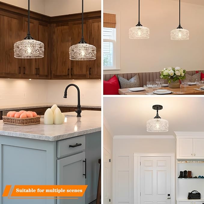 Black Vintage Pendant Lights Kitchen Island, Adjustable Height Kitchen Island Lighting, Bathroom Pendant Light with Clear Glass Shade- Dual Mount Ceiling & Hanging Fixtures with 90° Swivel for Decor