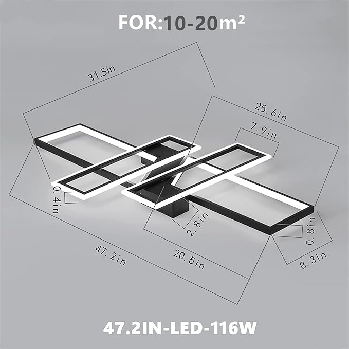 SMG Modern LED Ceiling Lights Fixture for Bedroom, 47" Remote Control Dimmable Led Chandelier, Flush Mount Square Design Ceiling Lamp for Kitchen Living Room Black