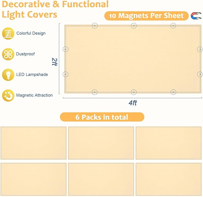 QOUBAI 6 Pcs Fluorescent Light Covers,4 x 2 Ft Magnetic Light Filters Fluorescent Lights Shade Easy Install for Classroom Office Library Hospital Home Ceiling Yellow