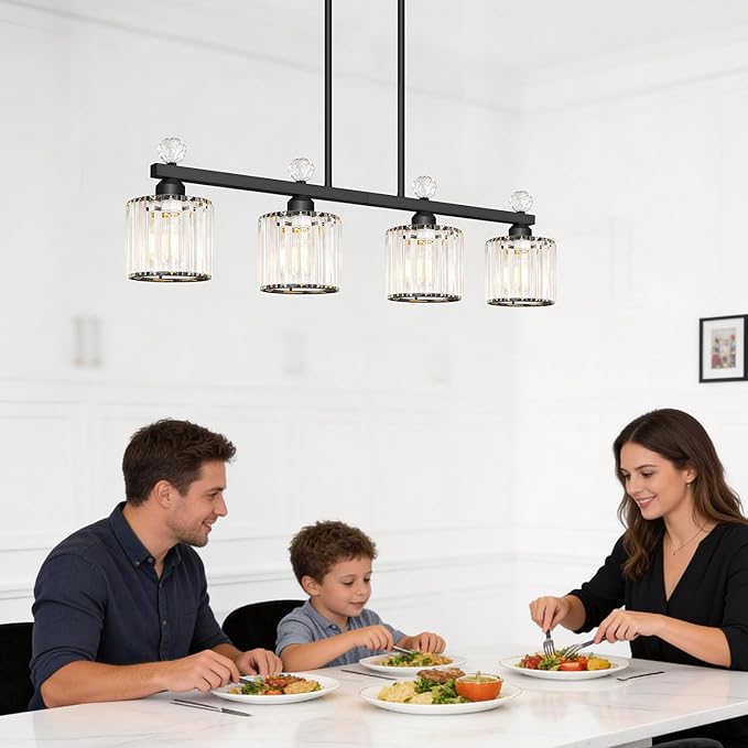 Lxybcce 32" Crystal Island Light for Kitchen Over Table, 4-Light Black Linear Pendant Light for Dining Room, Modern Ceiling Hanging Chandelier with Adjustable Height & Clear Crystal Shades, E26 Base
