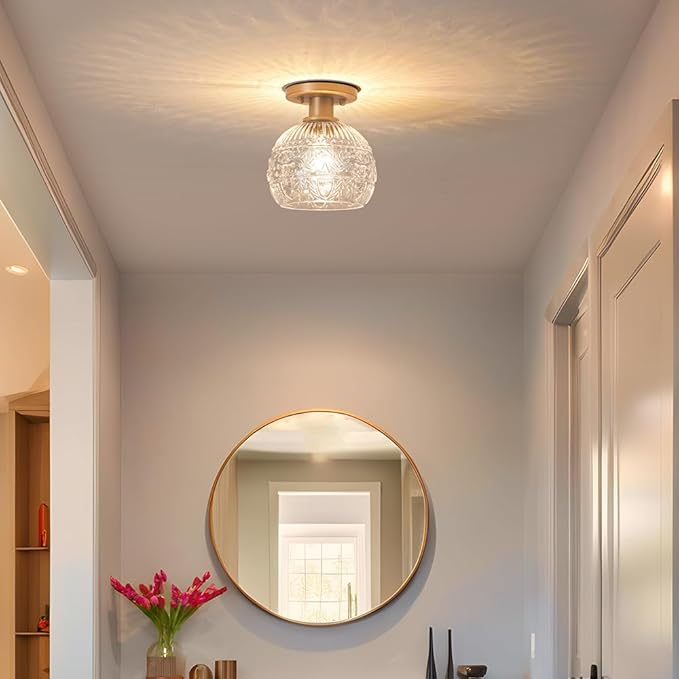 Brass Gold Semi Flush Mount Ceiling Light Fixture, Farmhouse Bathroom Light with 7.09in Glass Shade, Vintage Hallway Lights Fixture, Small Close to Ceiling Lighting for Porch Corridor Kitchen Entryway