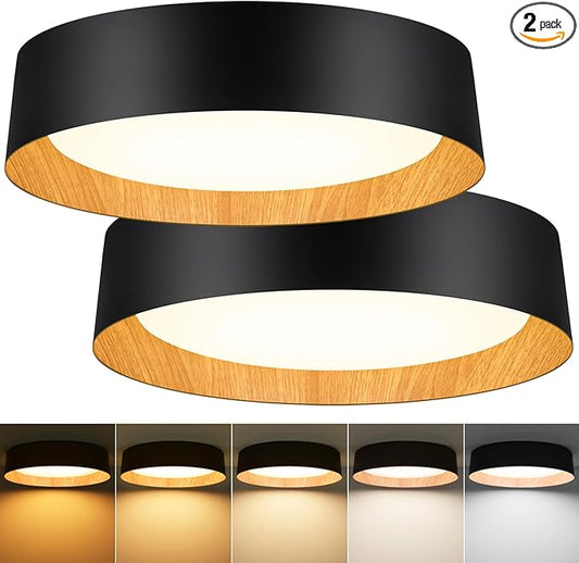 BrightHome 2-Pack 16in Flush Mount Ceiling Light, 3000LM 30W(300W Equiv), LED Ceiling Light Fixture 5CCT 2700K 3000K 4000K 5000K 6000K, Dimmable Ceiling Lamp for Bathroom Hallway, Black and Wood