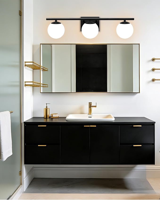 New Bathroom Vanity Light Fixtures Brushed Bronze Milk White Globe Glass Shade Modern Wall Bar Sconce Over Mirror (Black, 3 light-24inch-G9)