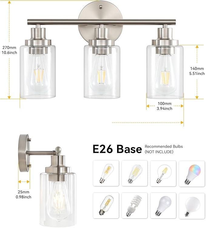 Vanity Wall Light Fixtures, Modern 3 Lights Wall Sconce with Clear Glass Shade, Brushed Nickel Farmhouse Wall Lamp for Bathroom Mirror Kitchen Porch Living Room Workshop (E26 Base)
