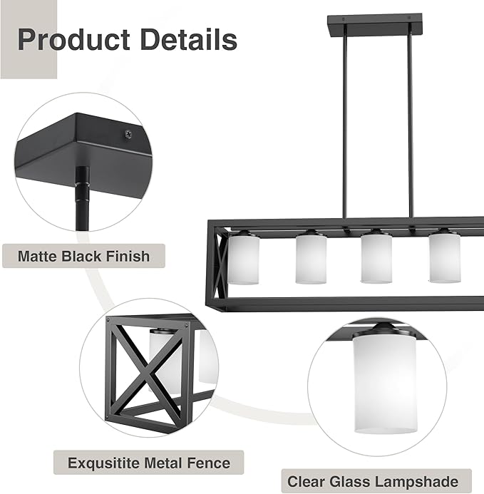 Espird Black White Dining Room Light Fixture - 5 Light Rectangle Light Fixtures with Milk White Glass Shade & Adjustable Height & Thickened Metal Dining Table Lights Fixture Chandeliers for DiningRoom