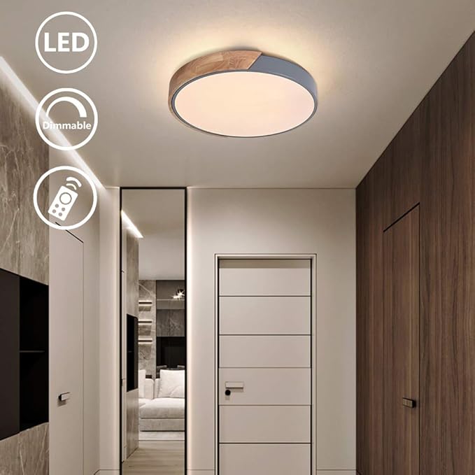 EDISLIVE Ceiling Light Dimmable 11 inch Modern Minimalist LED Round Shaped Wood & Metal & Acrylic Flush Mount Ceiling Light with Remote Control Gray