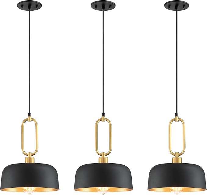 Industrial Pendant Lighting Fixture, Black and Gold Farmhouse Pendant Light, Adjustable Kitchen Lights Ceiling Hanging for Kitchen Island Hallway Dining Room 3 Pack
