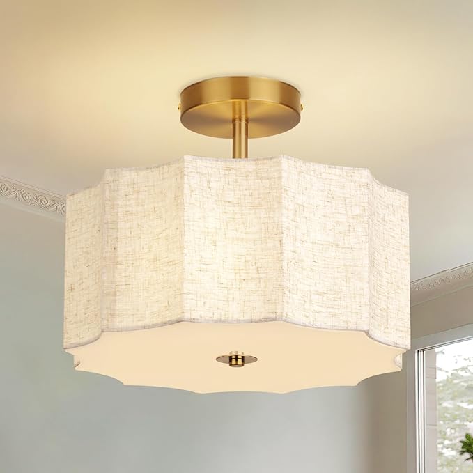 13 Inch Modern Linen Petal Ceiling Light Fixture, Semi Flush Mount Drum Light for Bedroom Kitchen Dining Room Entryway, Fabric Lighting Lamp in Gold for Farmhouse Hallway Closet
