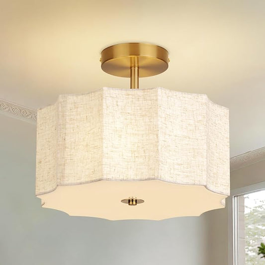 13 Inch Modern Linen Petal Ceiling Light Fixture, Semi Flush Mount Drum Light for Bedroom Kitchen Dining Room Entryway, Fabric Lighting Lamp in Gold for Farmhouse Hallway Closet