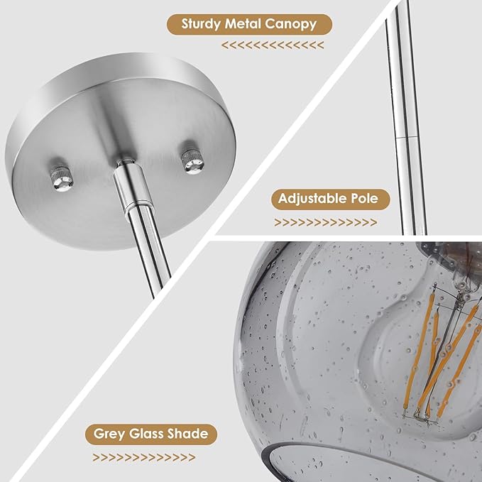 Pendant Lights Kitchen Island 3 Pack,Brushed Nickel Pendant Light Fixtures with Adjustable Rods,Seeded Glass Kitchen Pendant Lighting Over Island,Modern Island Lights for Kitchen Dining Room-E26 Base