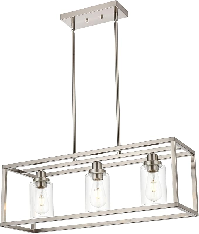 MELUCEE Rectangle Chandeliers for Dining Room Brushed Nickel Finish 3-Light Kitchen Island Lighting Modern Light Fixtures Ceiling Hanging for Hallway Living Room, Clear Glass Lampshade