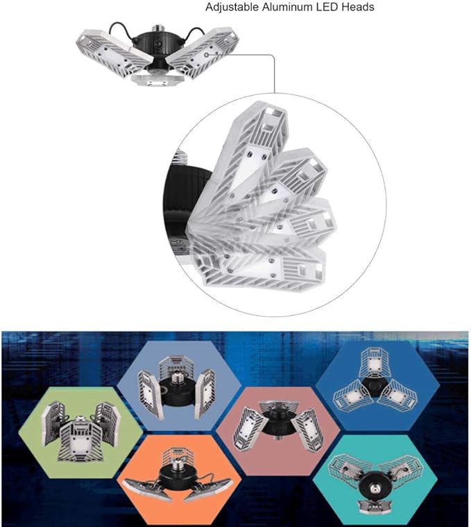 Deformable Garage Led Light High Intensity Mining Lamps 60W 6000LM Adjustable Ceiling Light Garage, Warehouse,Attic,Workshop,Basement. (6000K White, Silver Ordinary Version)