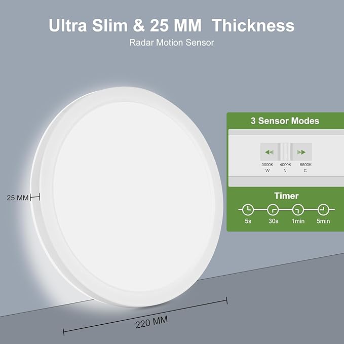 LEZOE 18W Motion Sensor LED Ceiling Light dimmable with Remote, 1800lm 8.7Inch 3000K/4000K/6500K Flush Mount Lighting Fixture, Radar Motion Activated Ceiling Lamp for Hallway Porch Stair Closet White
