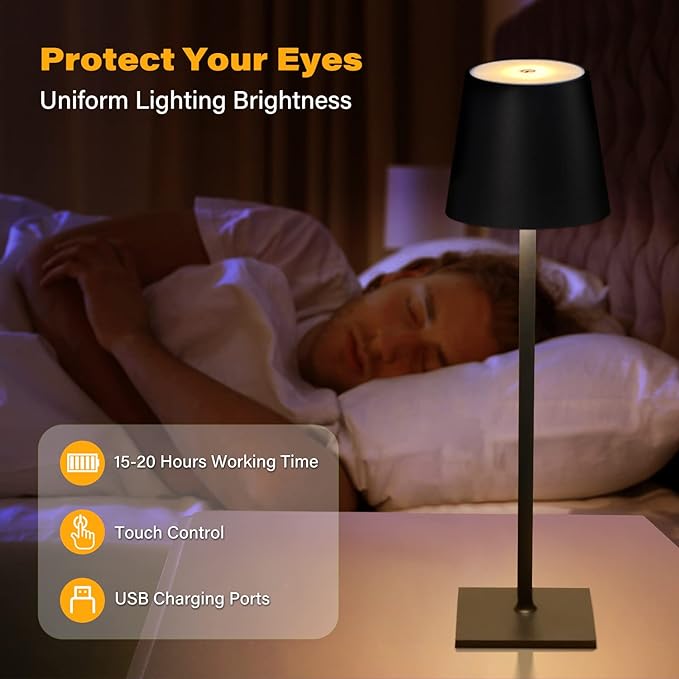 CHLORANTHUS Cordless Table Lamps, 3 Colors Stepless Dimming, 5000mAh Rechargeable Battery LED Desk Lamp for Bedroom/Couple Dinner/Desk/Cafe/Dining Room/Terrace (Black)