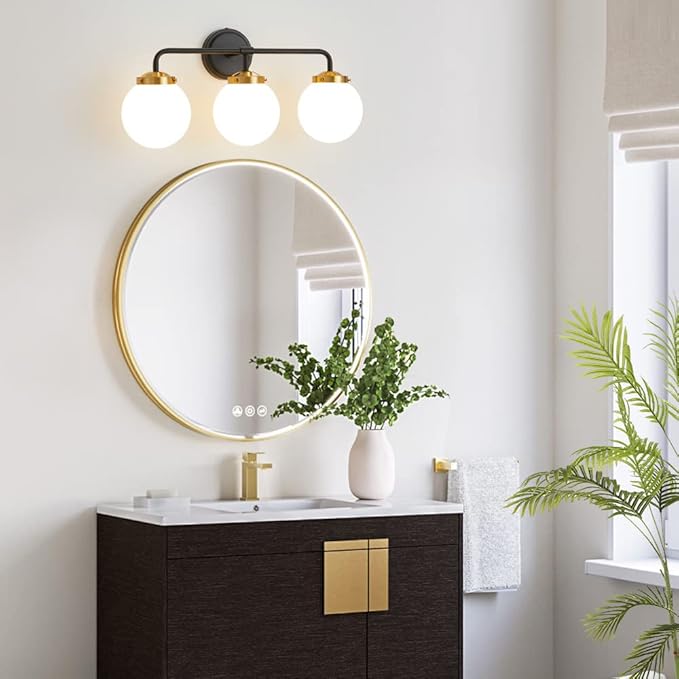 Black Gold Bathroom Light Fixtures Above Mirror, Modern Vanity Lighting with White Glass Globe Shade 3-Light Farmhouse Wall Sconce