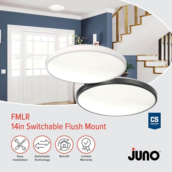 Juno 14 Inch Round LED Flush Mount Ceiling Light, Low Profile Modern Ceiling Light Fixture, Selectable 2700K/3000K/3500K/4000K/5000K Color Temperature, Dimmable, White (FMLR 14IN SWW5 90CRI WBT M4)