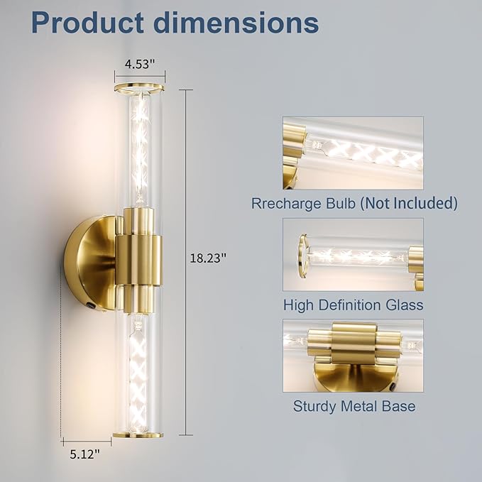 18" Wall Sconces Set of Two Hardwired Glass Gold Vanity Lights for Bathroom LED Wall Lights for Living Room Hallway (2 Pack)